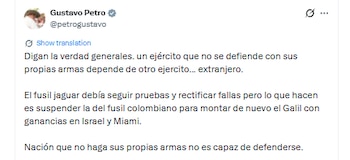 Este fue el mensaje de Gustavo Petro sobre los fusiles Jaguar - crédito @petrogustavo/X