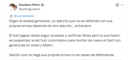 Este fue el mensaje de Gustavo Petro sobre los fusiles Jaguar - crédito @petrogustavo/X