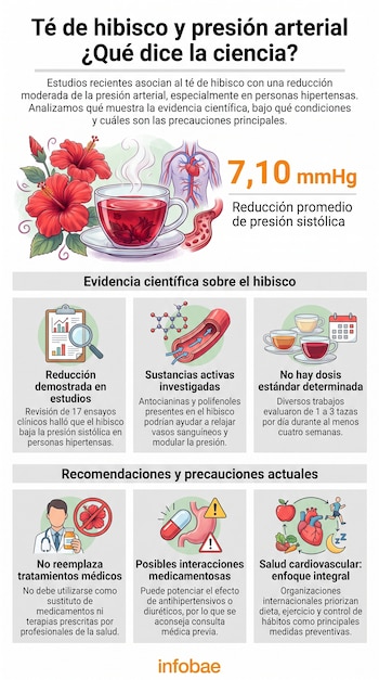 Ilustración de flores de hibisco, una taza de té, sistema circulatorio, datos de presión, iconos de investigación, química, dosis, médico, medicamentos y salud integral.