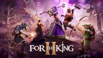 Cinco personajes de fantasía: mago con bastón, guerrero con martillo, arquero con arco, hombre con espada y otro con arma luminosa. Bosque, castillo, nubes moradas. Título For The King II