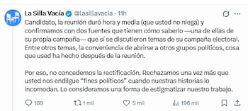 El medio de comunicación afirmó tener fuentes que corroboran su versión - crédito @lasillavacia/X