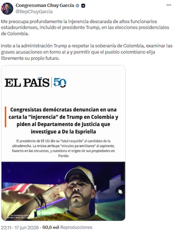 Chuy García pidió a Donald Trump respetar la soberanía de Colombia en las elecciones presidenciales - crédito @RepChuyGarcia/X