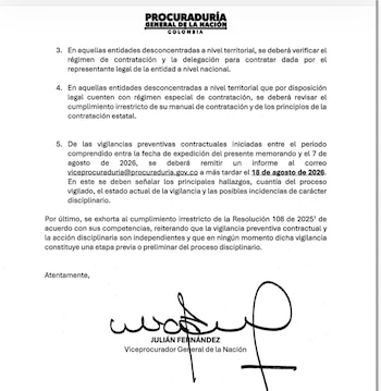 El organismo de control reiteró que la vigilancia preventiva contractual tiene un carácter independiente de la acción disciplinaria - crédito Procuraduría General de la Nación