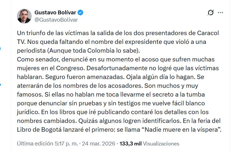El exdirector del DPS Gustavo Bolívar se pronunció sobre la salida de dos presentadores de Caracol Televisión - crédito @GustavoBolivar/X