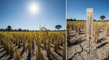 Campo de arroz con plantas secas y suelo agrietado bajo el sol, con un termómetro marcando más de 30 grados Celsius y cielo azul.