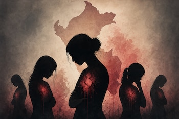 Siluetas oscuras de cinco mujeres inclinadas con figuras rojas en el pecho sobre un fondo con el mapa de Perú y manchas rojas.