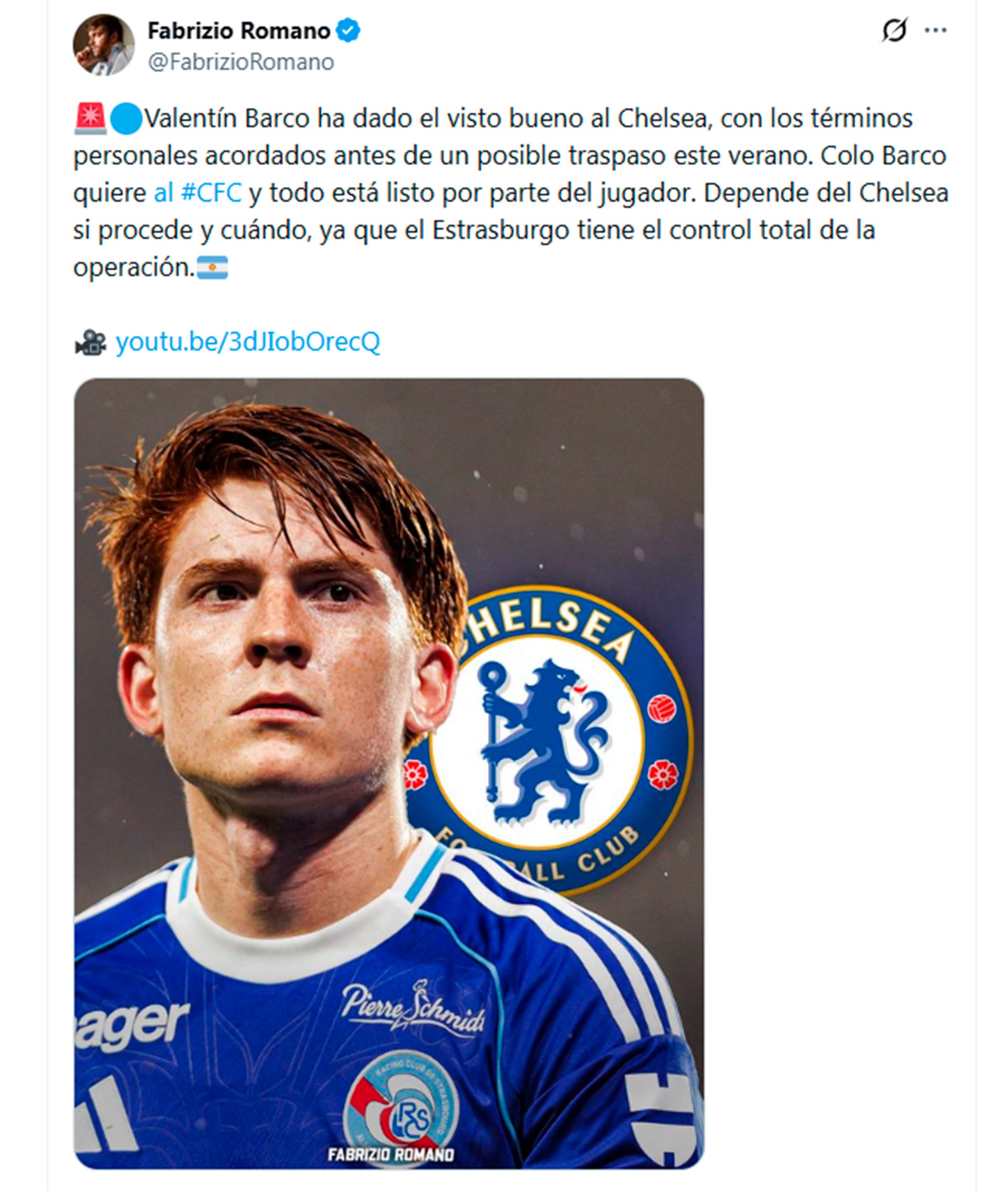 El posteo de Fabrizio Romano sobre el traspaso del Colo Barco al club londinense (@FabrizioRomano)