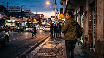 Mujer con chaqueta verde y mochila en una acera, frente a comercios con rótulos y vehículos sobre una calle con iluminación nocturna.