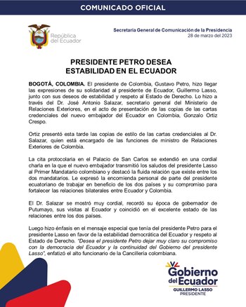 La Presidencia de Ecuador comunicó