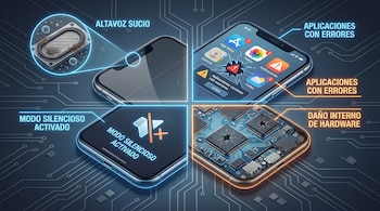 Infografía de un smartphone dividido en cuatro secciones que ilustran fallas: altavoz sucio, aplicaciones con errores, modo silencioso y daño de hardware.