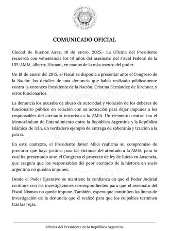 Comunicado de Javier Milei al