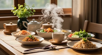 Mesa de madera con platos de comida asiática saludable como arroz, noodles y ensaladas. Una taza de té humeante está al centro bajo luz natural.