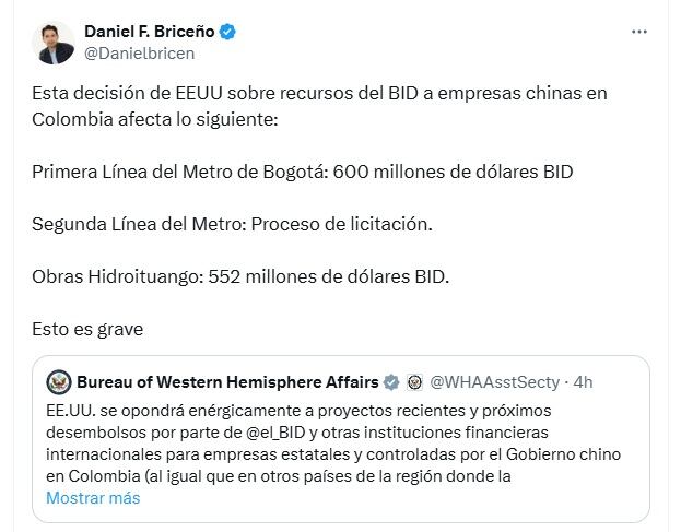 Daniel Briceño, concejal, admitió que es decisión de Estados Unidos afecta los recursos para el metro de Bogotá - crédito @DanielBricen/X