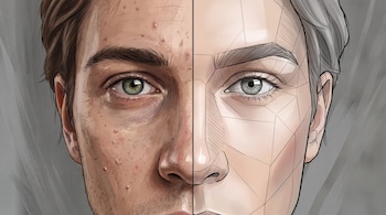 Rostro humano ilustrado dividido verticalmente: la mitad izquierda muestra piel con acné y barba incipiente; la mitad derecha tiene piel lisa y líneas geométricas.