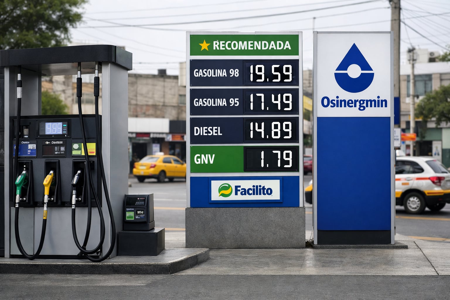 Un surtidor de gasolina en Lima, Perú, muestra los precios actualizados de gasolina, diésel y GNV, con el cartel de Osinergmin y la plataforma Facilito destacando la transparencia en las tarifas. (Imagen Ilustrativa Infobae)