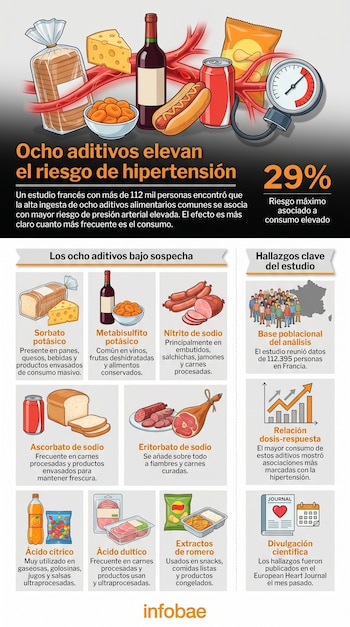 Infografía con título "Ocho aditivos elevan el riesgo de hipertensión". Muestra alimentos procesados, un tensiómetro y la información de un estudio en Francia.