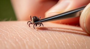 Una garrapata marrón oscuro es sujetada por unas pinzas metálicas sobre la piel pálida con pequeños vellos, en un primer plano de la extracción.
