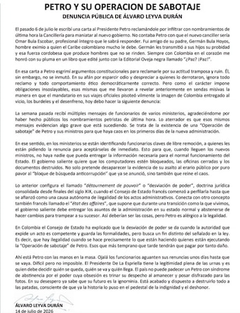 El excanciller Álvaro Leyva acusó al presidente Gustavo Petro y a sus ministros de ejecutar una “operación de sabotaje” para dejar sin capacidad de respuesta a la próxima administración, con renuncias inmediatas de funcionarios clave, computadores bloqueados, oficinas cerradas y documentos destruidos durante la transición - crédito Álvaro Leyva