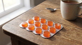 Un blíster de pastillas para la tos de color naranja sobre una mesa de madera, con una taza de té caliente y una cuchara al fondo, cerca de una ventana.