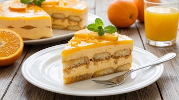Primer plano de un trozo de pastel frío de naranja con capas de crema y galletas, decorado con naranja y menta, en un plato blanco con un tenedor.