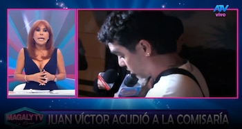Juan Víctor sale de comisaría mientras Andrea San Martín sigue detenida. Captura: Magaly TV La Firme.