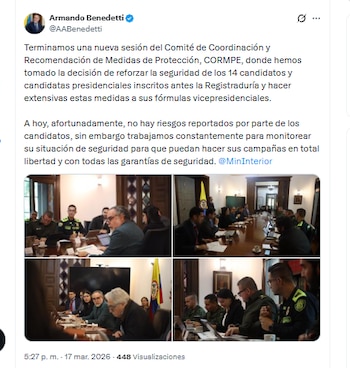 El ministro Armando Benedetti aseguró que el Gobierno y las autoridades trabajan para garantizar que los candidatos puedan hacer sus campañas en total libertad - crédito @AABenedetti/X