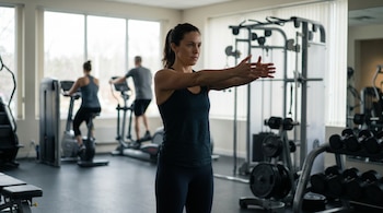 Mujer de cabello oscuro atado, vistiendo top y leggings oscuros, estira los brazos hacia adelante en un gimnasio. Al fondo, otras personas hacen ejercicio.