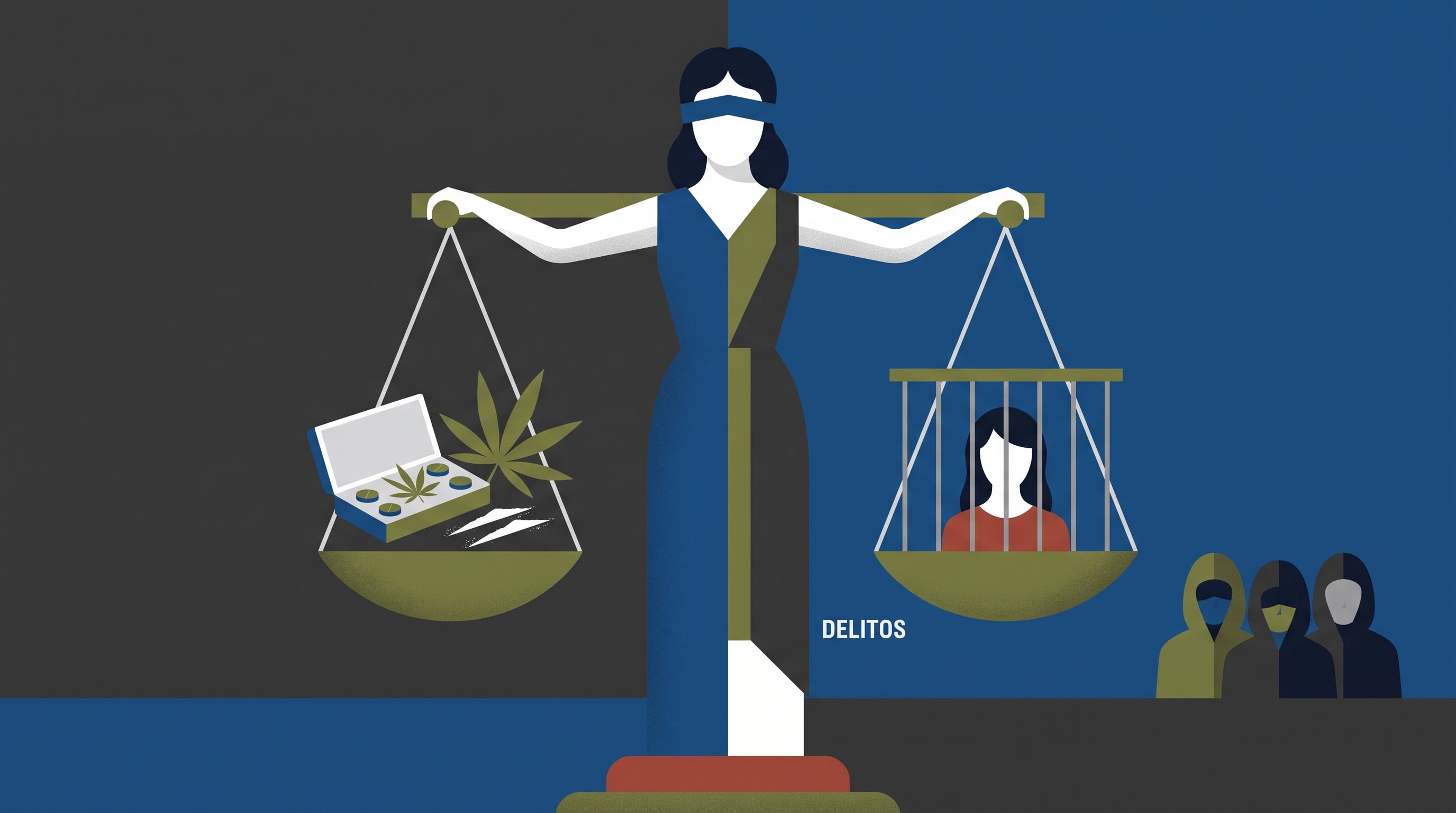 Una figura de la justicia sostiene una balanza con drogas en un platillo y una mujer enjaulada en el otro, junto a la palabra delitos. (Imagen Ilustrativa Infobae)