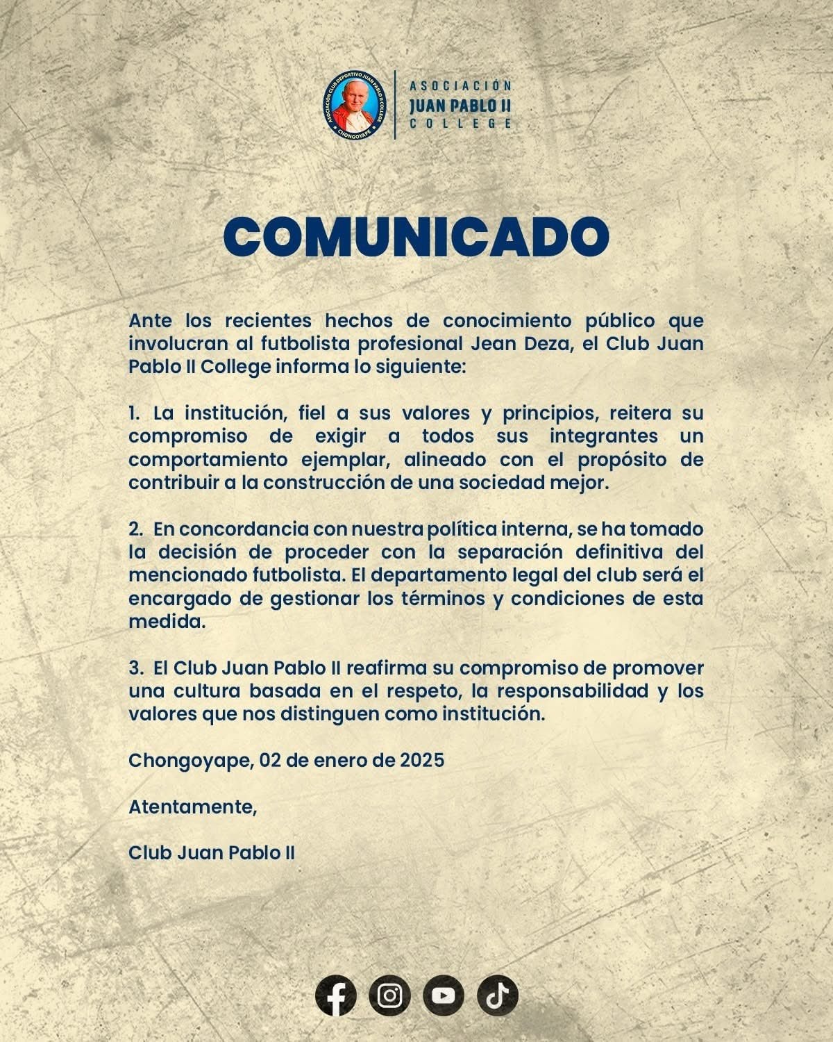 Comunicado del club Juan Pablo II sobre la separación del club de Jean Deza