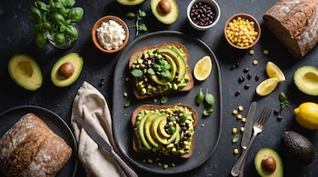 Una vista aérea de dos tostadas de aguacate en un plato con frijoles y maíz, rodeadas de aguacates, limones, pan, queso, utensilios y hierbas.