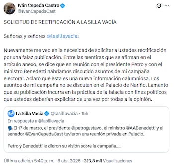 El candidato por el Pacto Histórico sostuvo que en la Casa de Nariño no se impone en la agenda trabajo o charlas sobre su aspiración presidencial - crédito @IvanCepedaCast/X