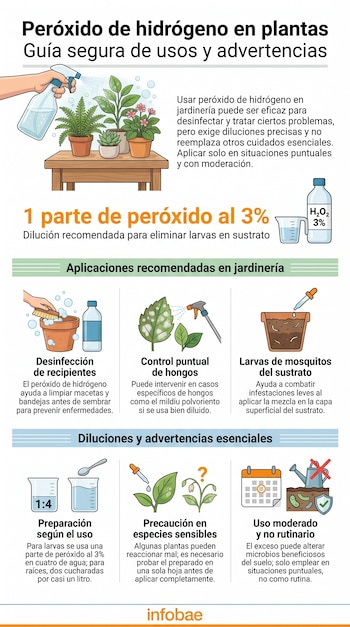 Infografía ilustra una mano rociando plantas, botellas de peróxido de hidrógeno, medidores y pictogramas sobre usos, diluciones y advertencias en jardinería. Logo Infobae.