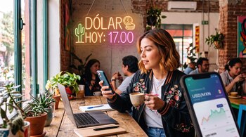 Una mujer en una cafetería usa un teléfono celular junto a una computadora y un cartel luminoso que dice Dólar hoy 17.00.