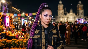 Mujer con trenza morada, maquillaje brillante y chaqueta negra bordada, en una plaza nocturna con flores de cempasúchil y una catedral al fondo.