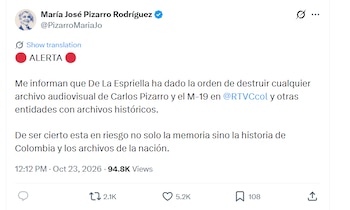 La congresista advirtió que, de ser cierta la información recibida, estaría en riesgo la memoria histórica de Colombia y la preservación de documentos relacionados con acontecimientos políticos del país - crédito @PizarroMariaJo/X