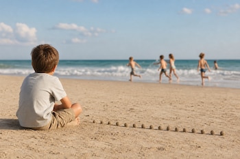 Niño visto de espaldas sentado en la arena junto a una fila de esferas de arena, con otros niños desenfocados jugando al fondo junto al mar.