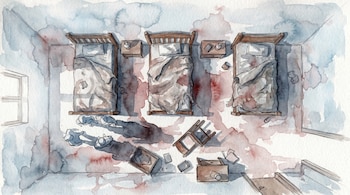Ilustración en acuarela cenital de una habitación sencilla con tres camas, mobiliario desordenado, y manchas rojas diluidas en el suelo, con siluetas infantiles bajo una cama.