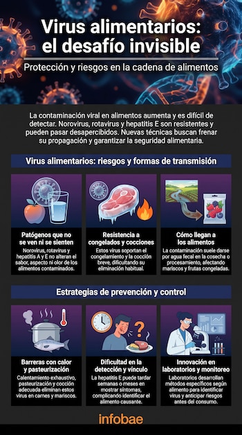 Infografía con seis paneles que muestran virus, alimentos, un plato de comida, elementos de cocción, un paisaje y una persona en un laboratorio.