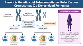 Diagrama genético, cromosomas X e Y, genes de fotopigmentos, flujo de herencia de madre y padre, figuras humanas, cuadro de exclusividad femenina.