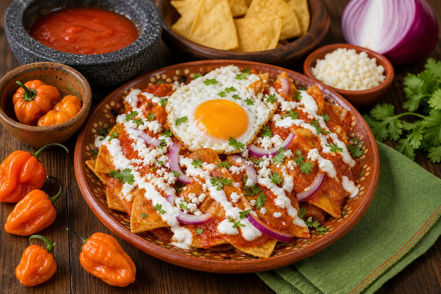 Un plato de chilaquiles habaneros servido con un huevo frito, crema y cebolla morada ilustra la elaboración de esta receta tradicional mexicana. (Imagen Ilustrativa Infobae)