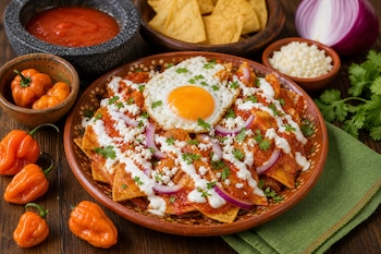 Plato de barro con chilaquiles rojos, un huevo frito, crema, queso y cebolla morada, rodeado de chiles habaneros sobre madera.