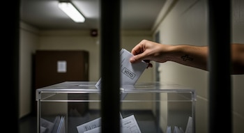 Una mano masculina con un tatuaje de cruz en la muñeca inserta una boleta con la palabra "VOTO" en una urna de acrílico transparente a través de rejas.
