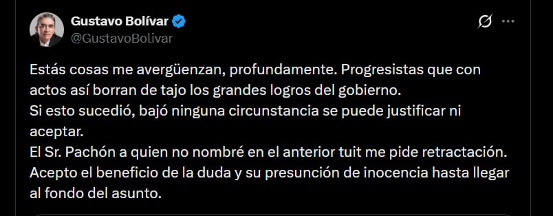Gustavo Bolívar editó el mensaje en su cuenta oficial de X, en el que señaló que acepta el beneficio de la duda y la presunción de inocencia hasta conocer lo que realmente sucedió - crédito @GustavoBolivar/X