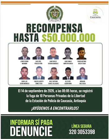 Hasta 50 millones de pesos ofrecen de recompensa por la recaptura de los detenidos - crédito Alcaldía de Caucasia, Antioquia