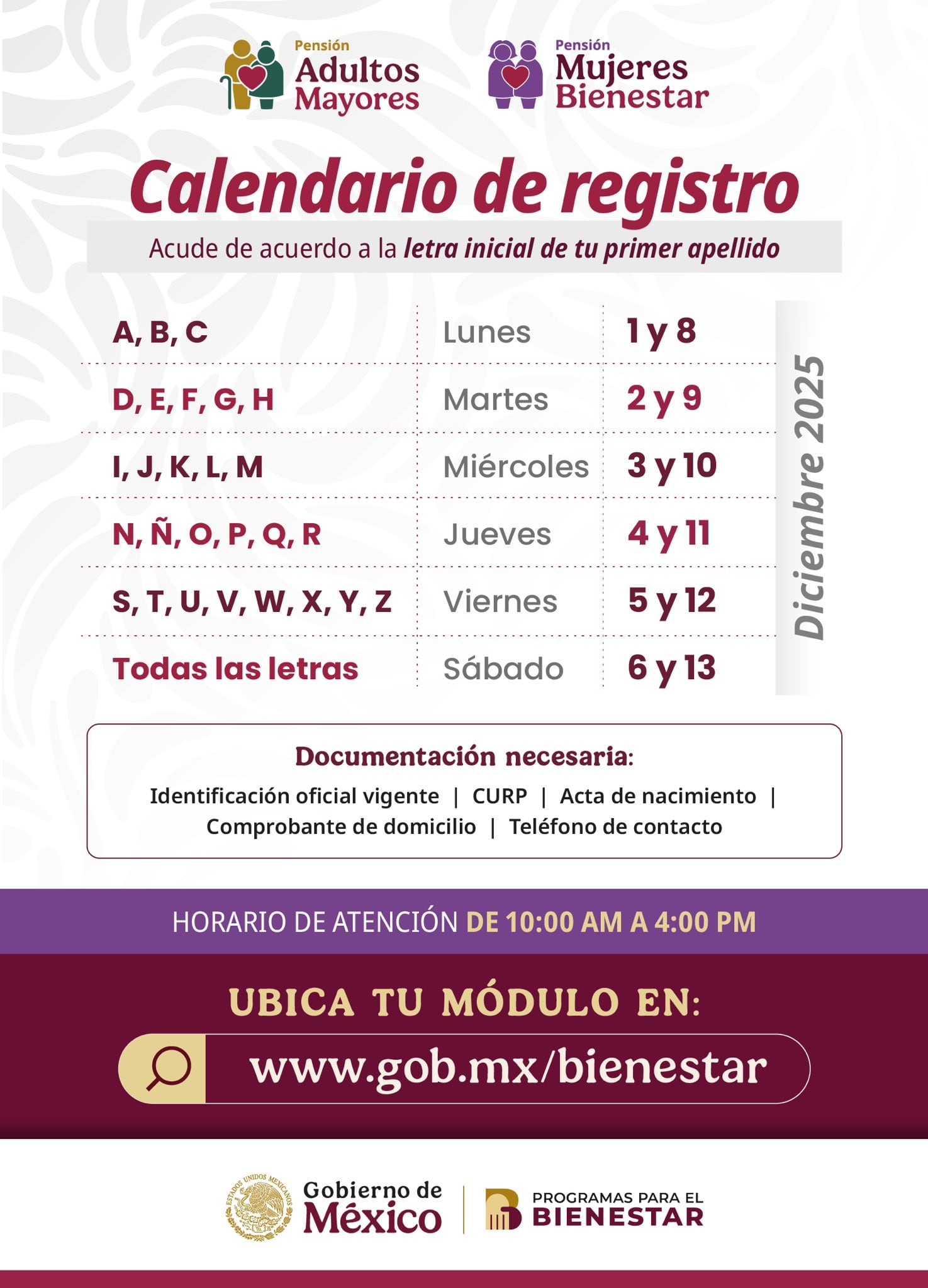 El registro a la Pensión del Bienestar se realiza para adultos mayores cuyos apellidos inician con letras asignadas, como parte del calendario escalonado que busca agilizar trámites y evitar aglomeraciones en los módulos del paÃs