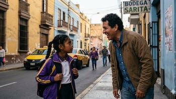Un hombre y una niña con mochila se miran y sonríen en una acera urbana. Al fondo hay taxis amarillos y edificios de colores en una calle concurrida