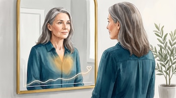 Ilustración de mujer con cabello gris frente a un espejo de marco dorado. Su reflejo muestra un gráfico lineal ascendente y un ícono de corazón.