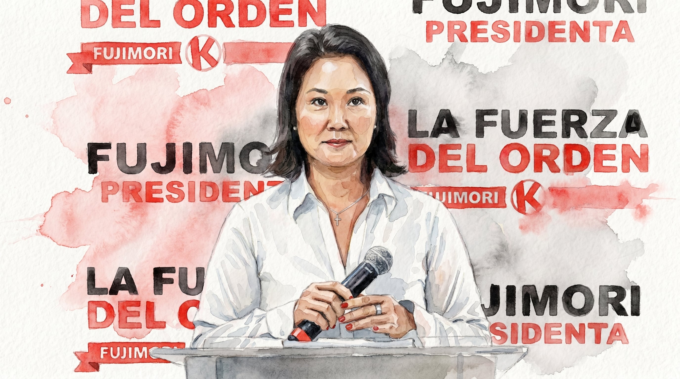 Una representación en acuarela de Keiko Fujimori, líder política peruana, se muestra con un micrófono y los lemas de su campaña electoral como