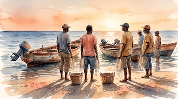 Ilustración de seis hombres con redes y cestas en la arena junto a tres botes de madera con motor ante el mar al atardecer.