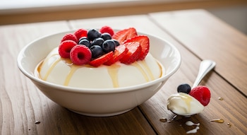 Un bowl blanco con skyr, frambuesas, arándanos, fresas en rodajas y miel. Una cuchara con skyr, frambuesa y arándano sobre una mesa de madera.